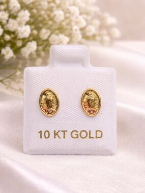 10K Solid Gold Virgen de Guadalupe Oval Stud Earring Screw Back 7.5mm Three Tone